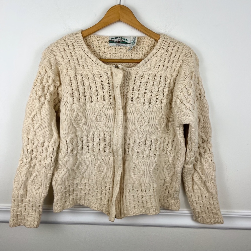 Arancrafts Vintage Cream Cable‎ Knit Full Zip Ireland Merino Wool Sweater Size L